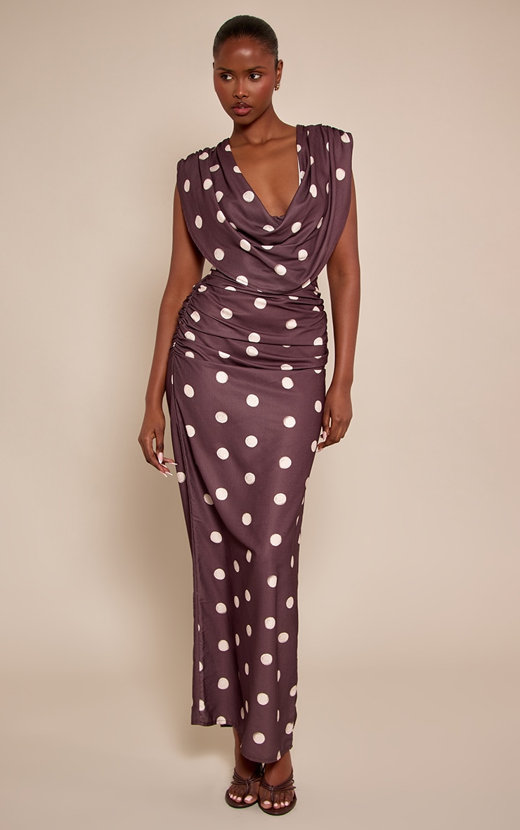 Brown Polka Dot Cowl Ruched Detail Maxi Dress