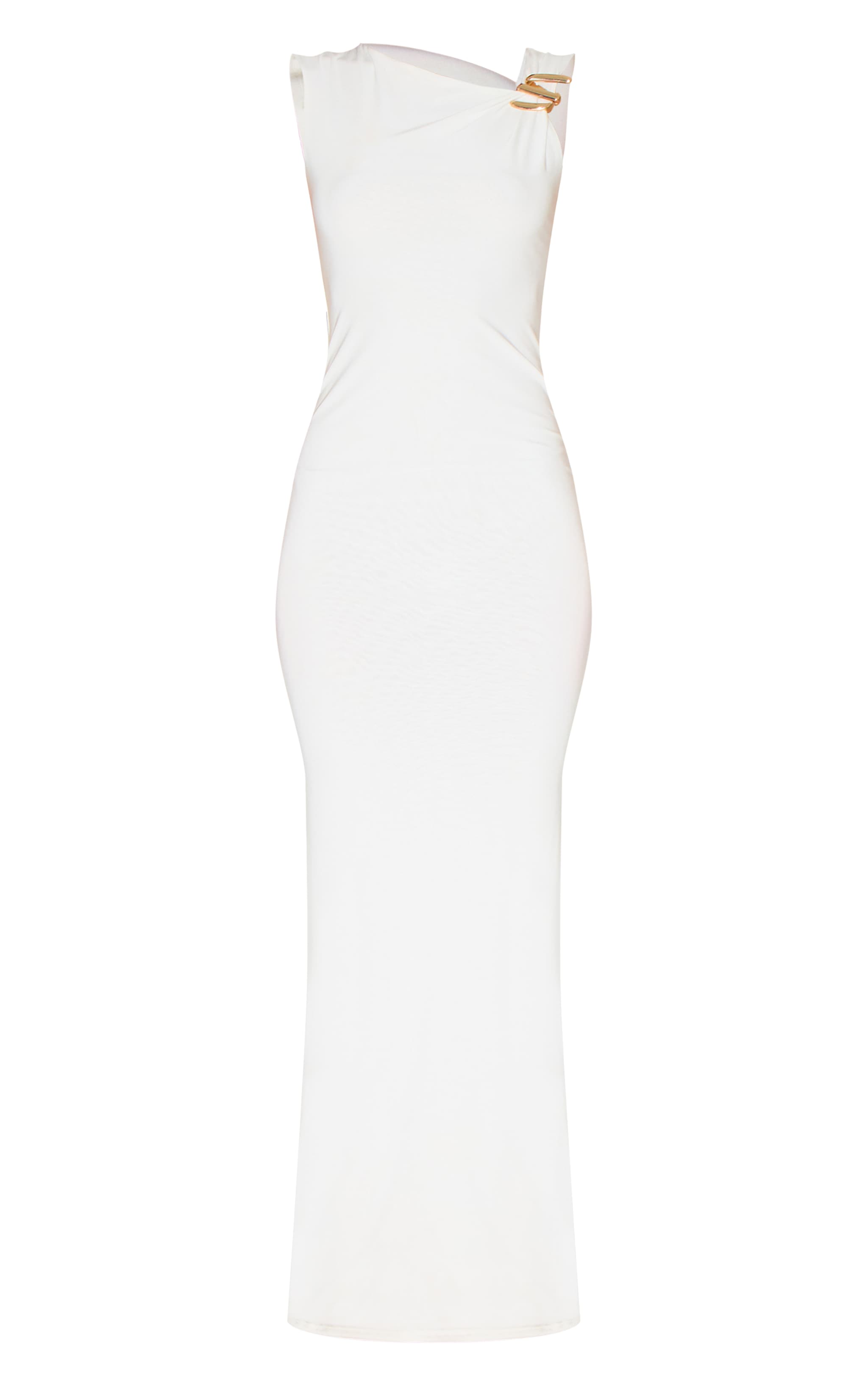 Robe longue asymétrique moulante doublée blanche à empiècement image 5