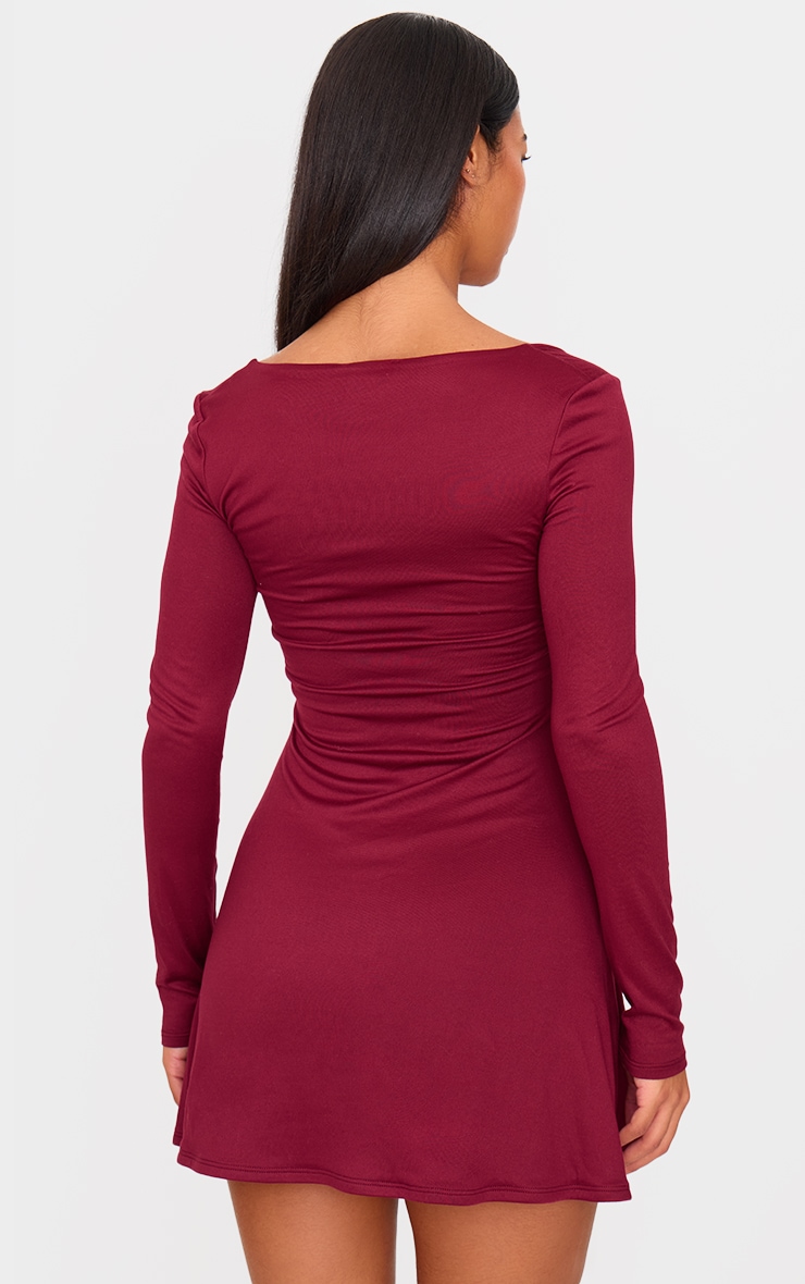 Burgundy Double Contour Square Neck Long Sleeve Bodycon Dress image 2