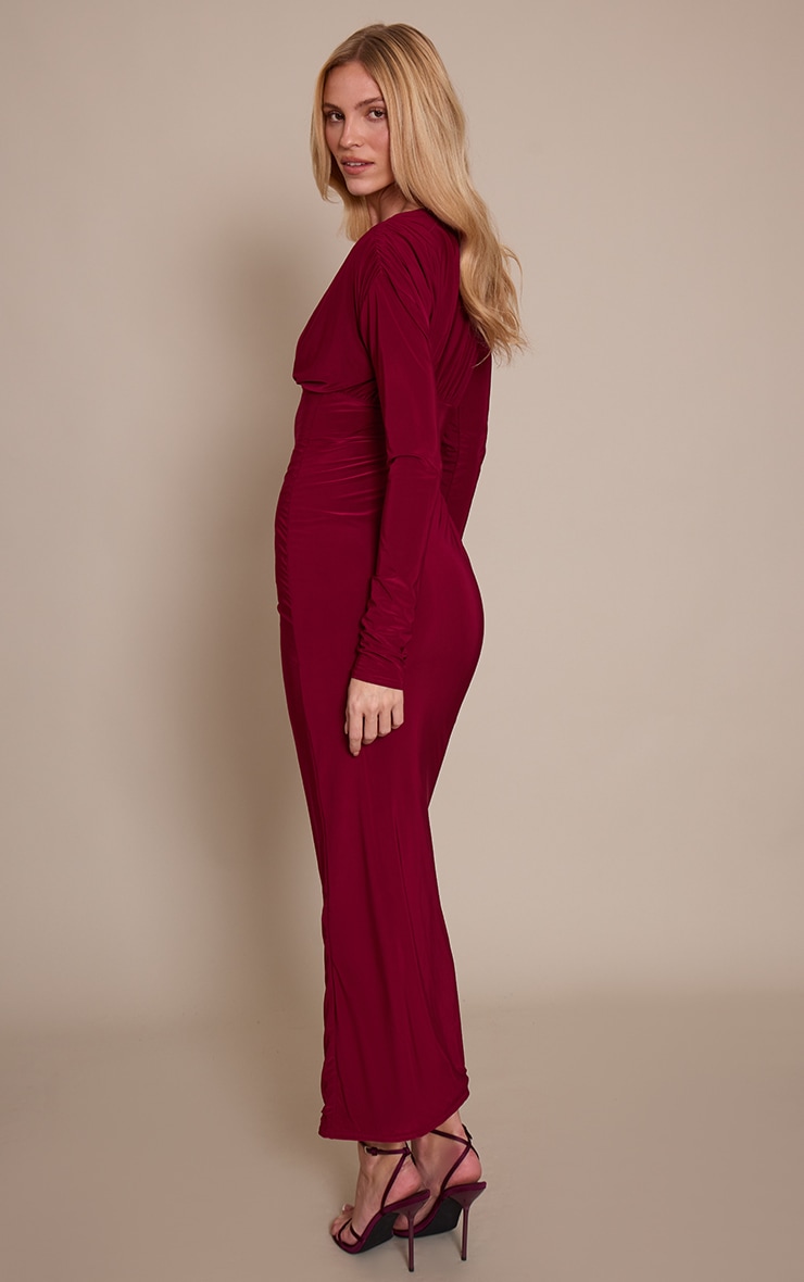Burgundy Double Layer Slinky Plunge Long Sleeve Maxi Dress image 2