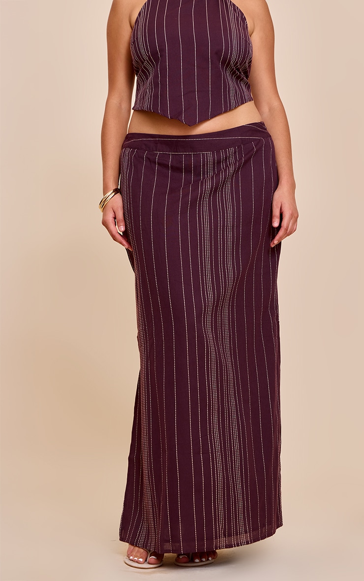 Plus Brown Stripe Embroidered Maxi Skirt image 2