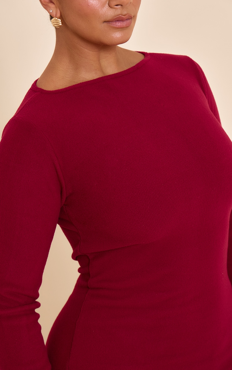 Shape Burgundy Micro Rib Long Sleeve Boat Neck Mini Dress image 4