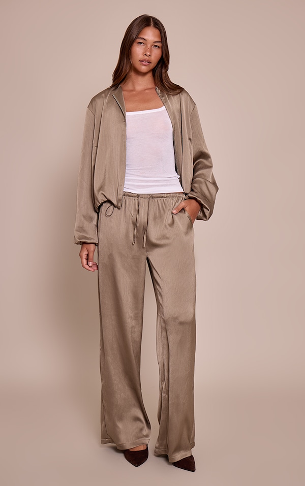 Charcoal Textured Satin Drawstring Straight Leg Pant