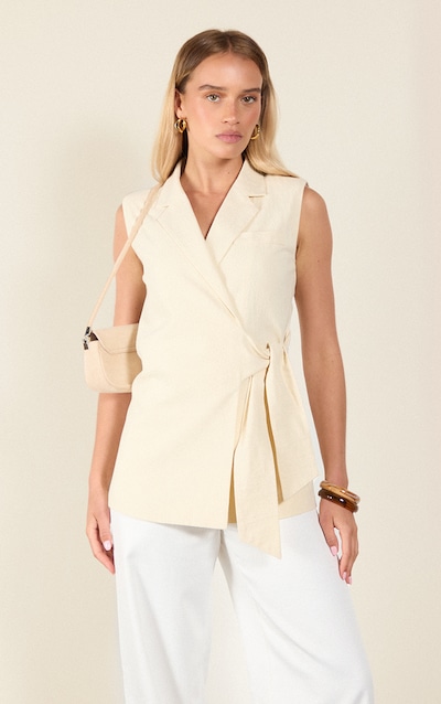 Cream Linen Look Tie Waist Vest
