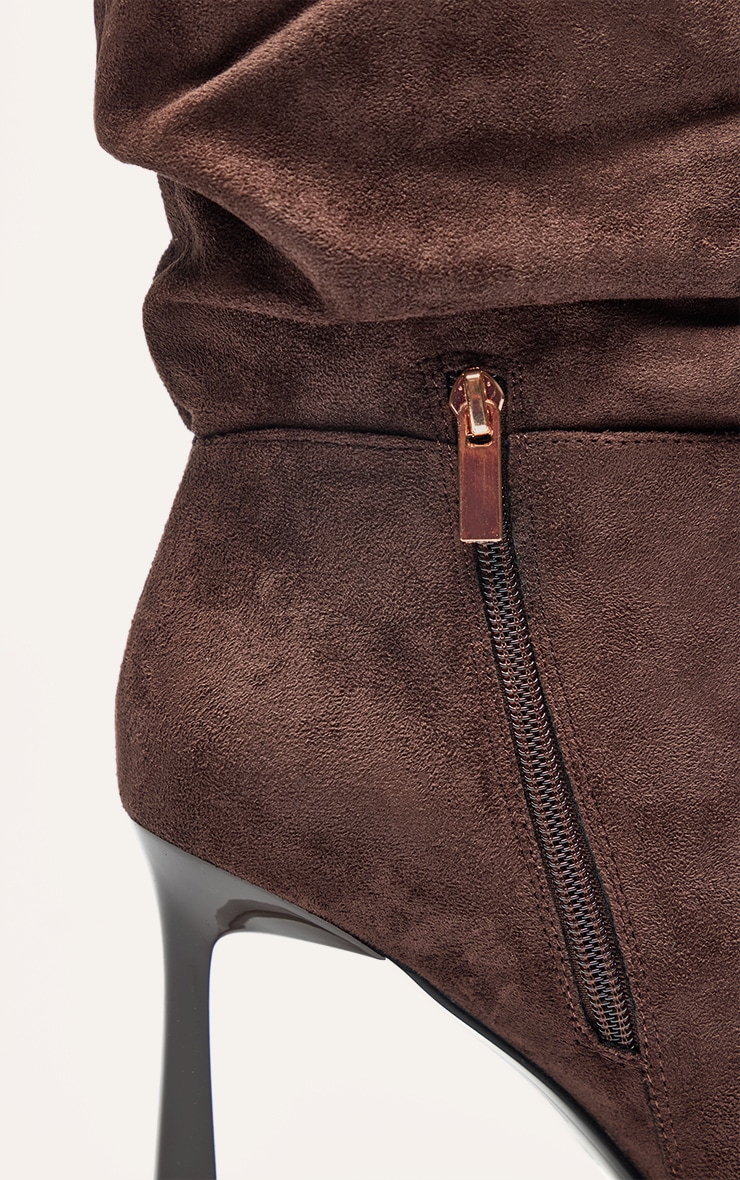 Chocolate Faux Suede Ruched Chiseled Toe Ankle Boots image 5