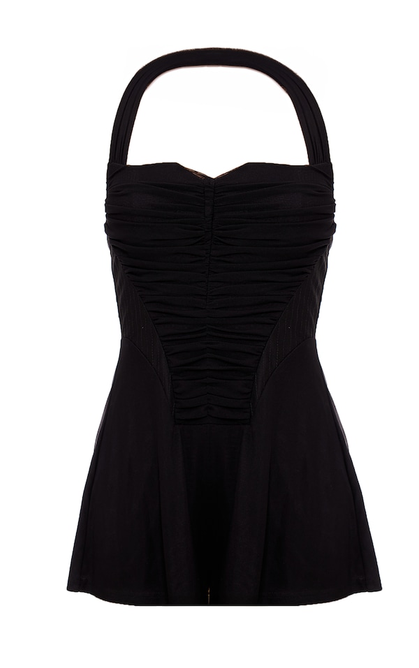 Black Halterneck Mesh Ruched Front Floaty Romper