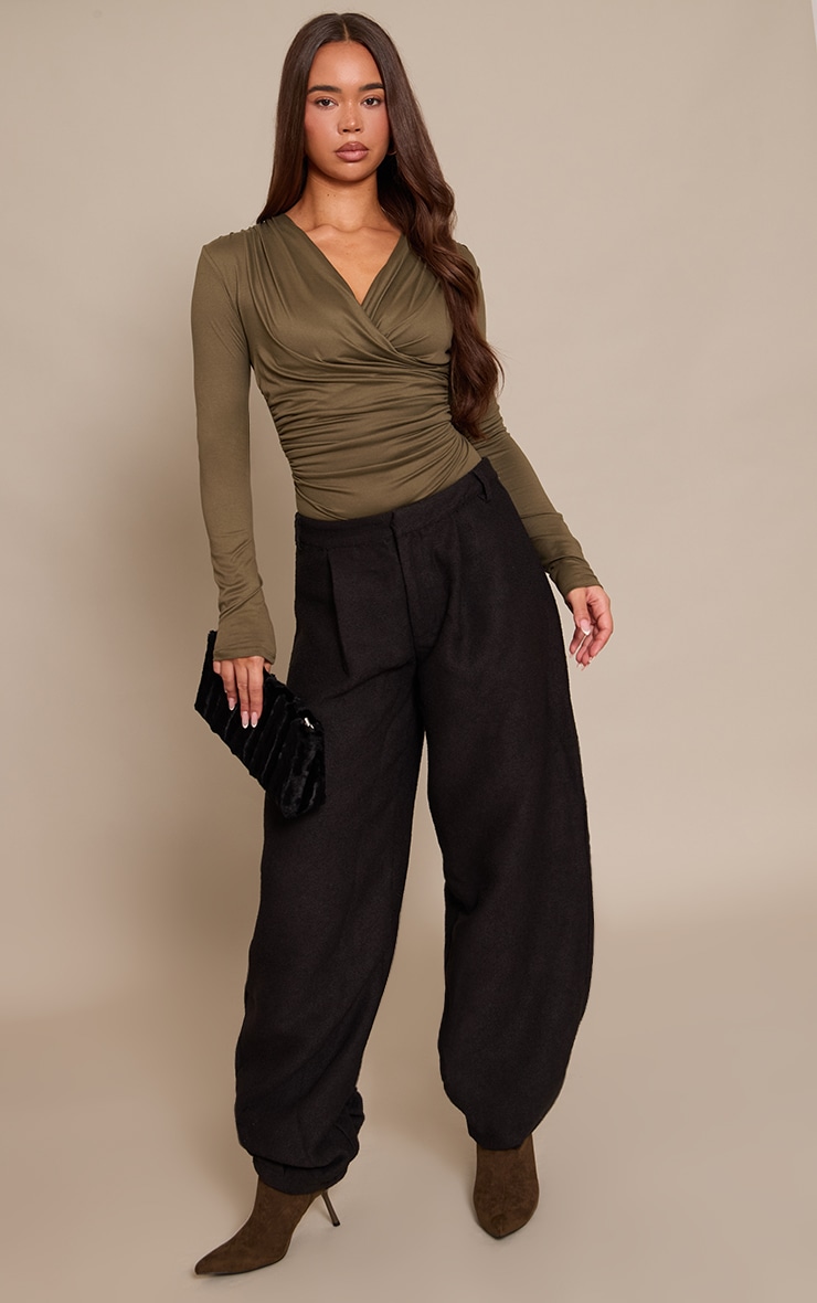 Khaki Soft Touch Ruched Front Detail Long Sleeve Bodysuit  image 3