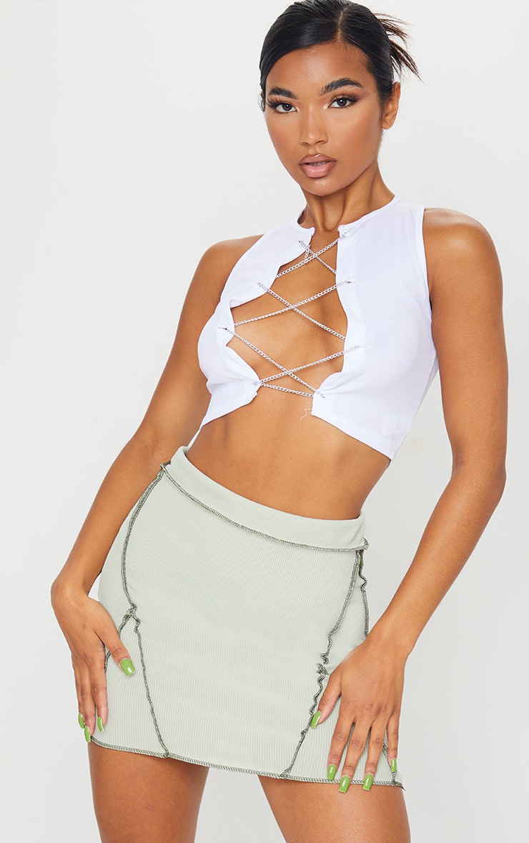 Sage Green Rib Contrast Seam Detail Mini Skirt