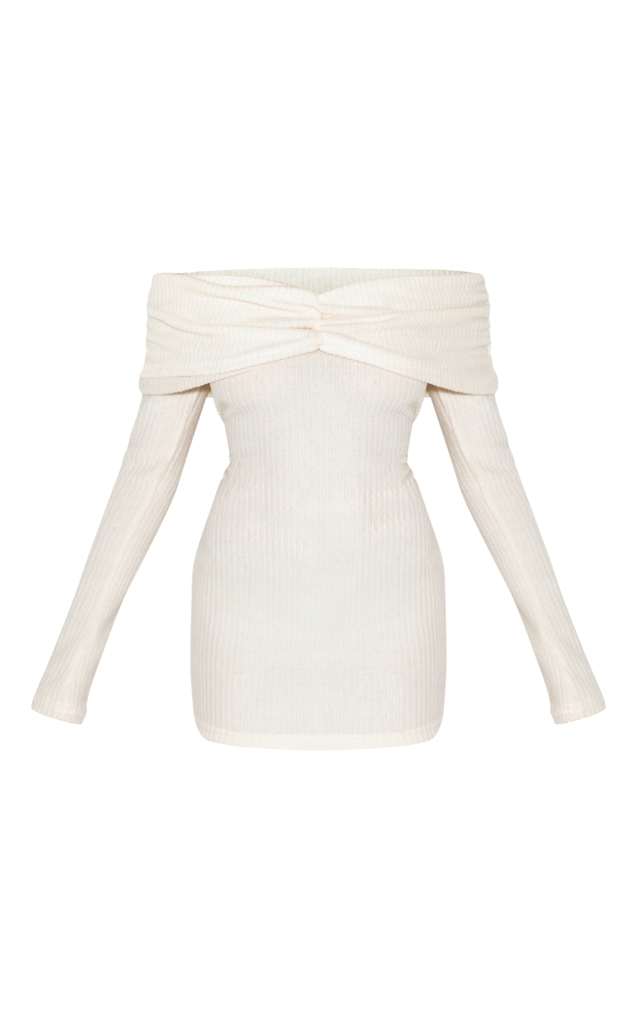 Cream Brushed Rib Bardot Long Sleeve Bodycon Dress image 5