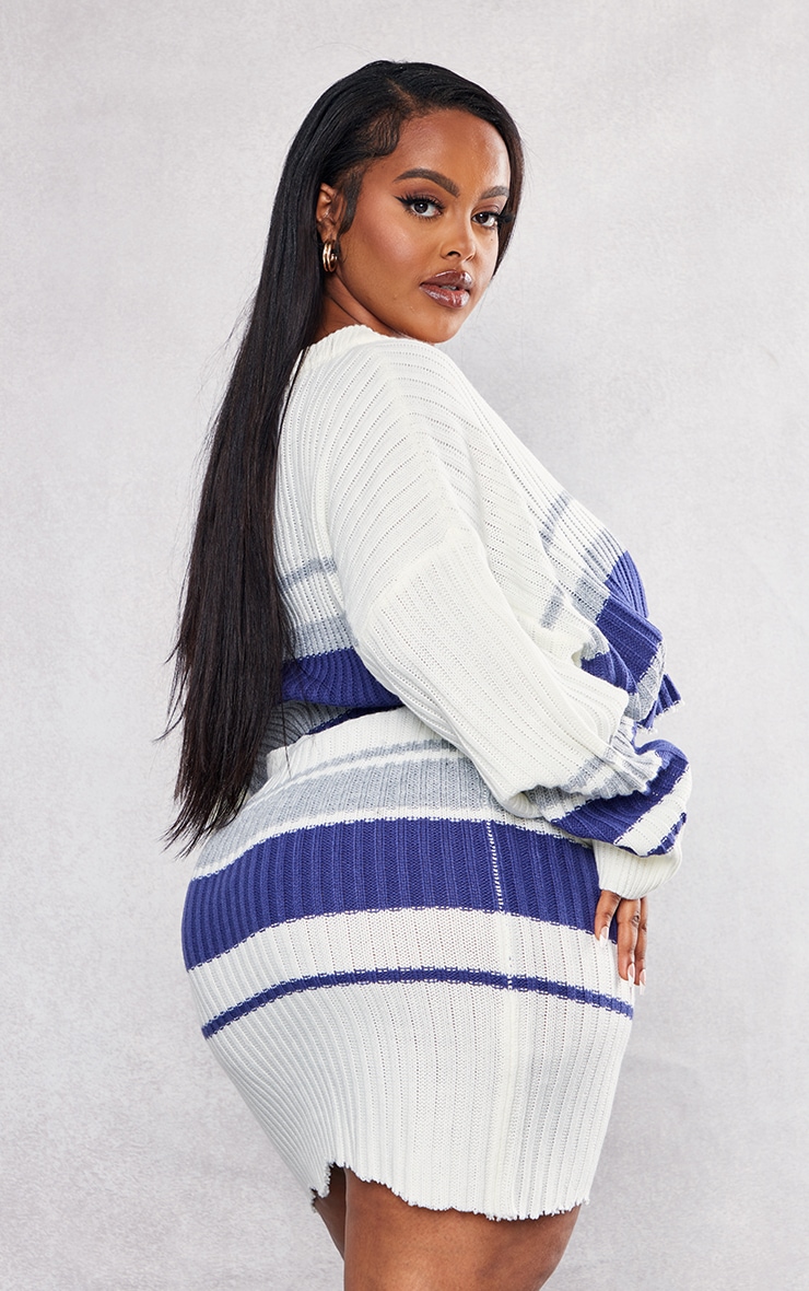 Plus Cream V Neck Varsity Stripe Crop Jumper image 2