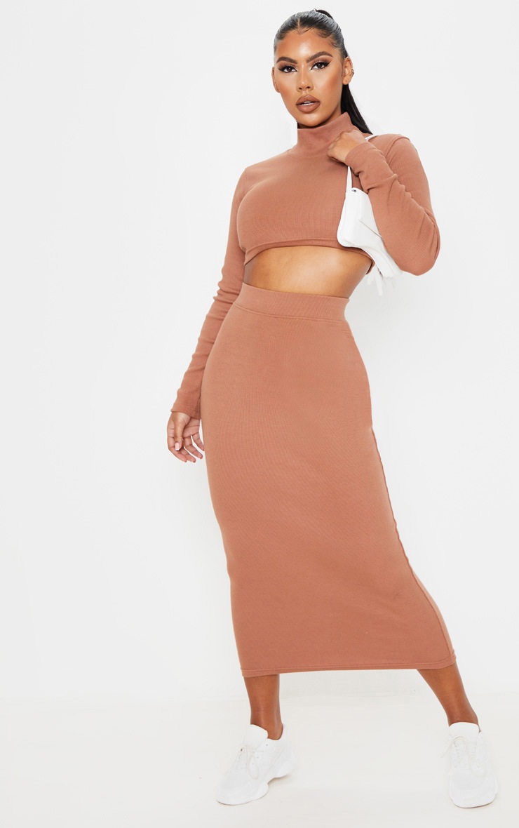 Brown Structured Rib Midaxi Skirt