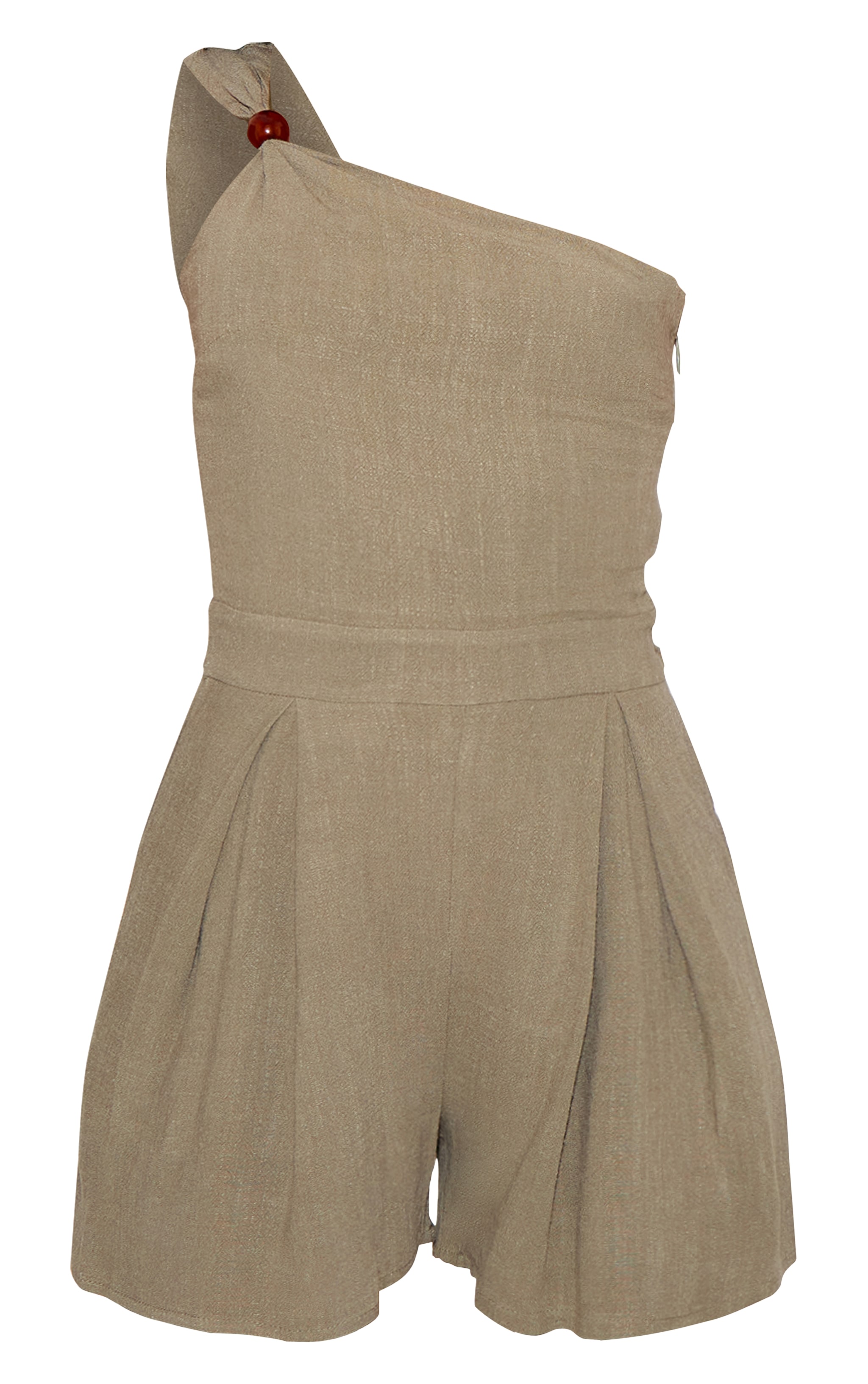 Khaki Linen Look Bead Detail One Shoulder Romper image 5