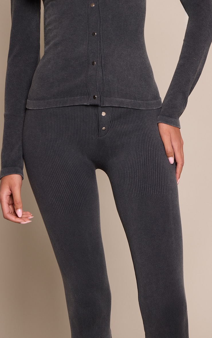 Tall Black Snatched Rib Button Detail Flare Leggings image 4