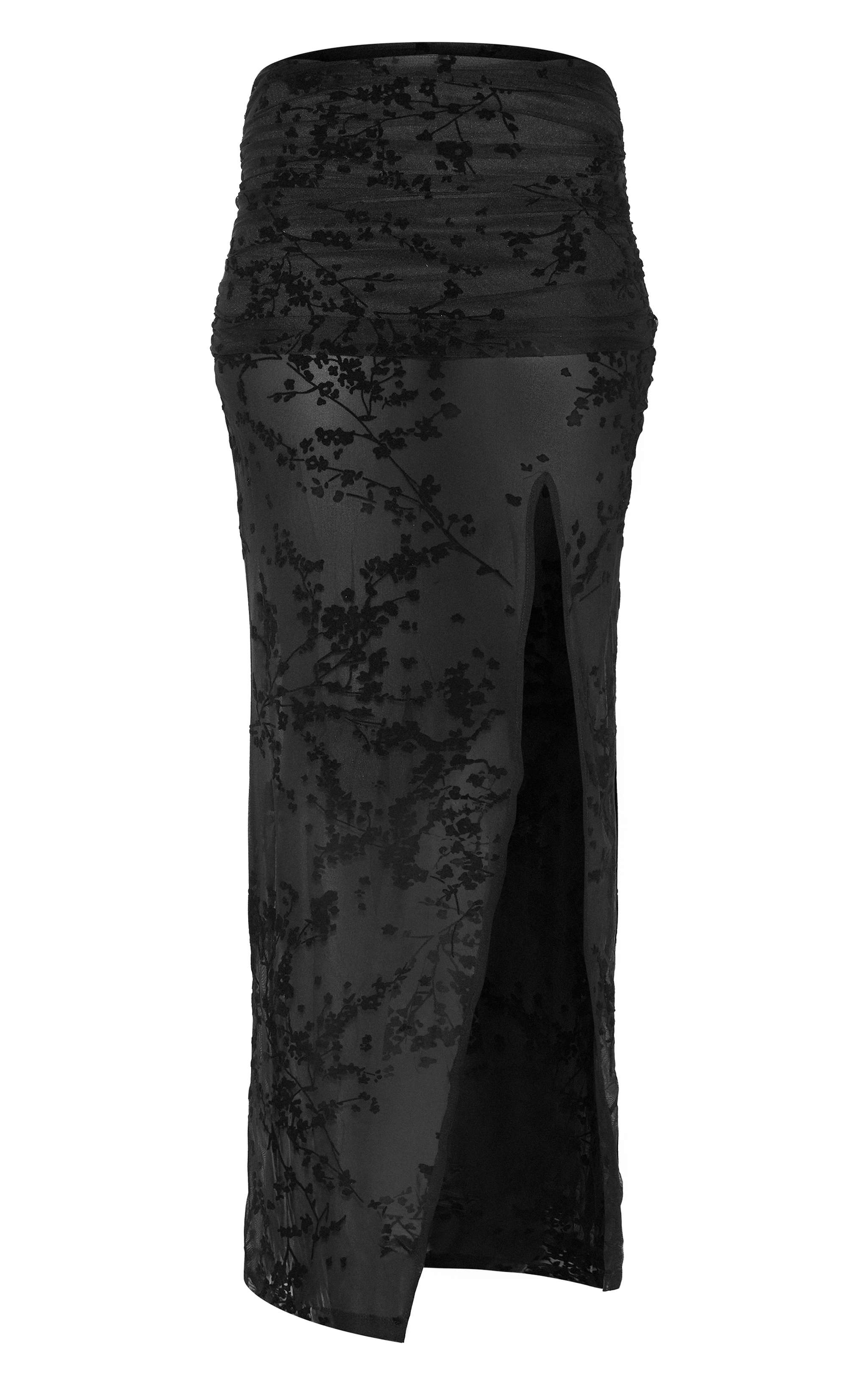 Black Devore Mesh Foldover Slit Maxi Skirt image 5