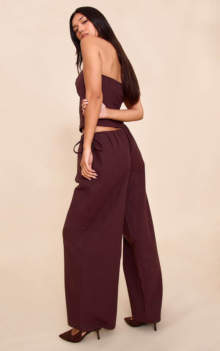 Deep Chocolate Premium Linen Side Tie Detail Wide Leg Pants image 3