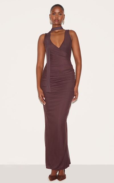 Chocolate Mesh V Neck Wrap Maxi Dress