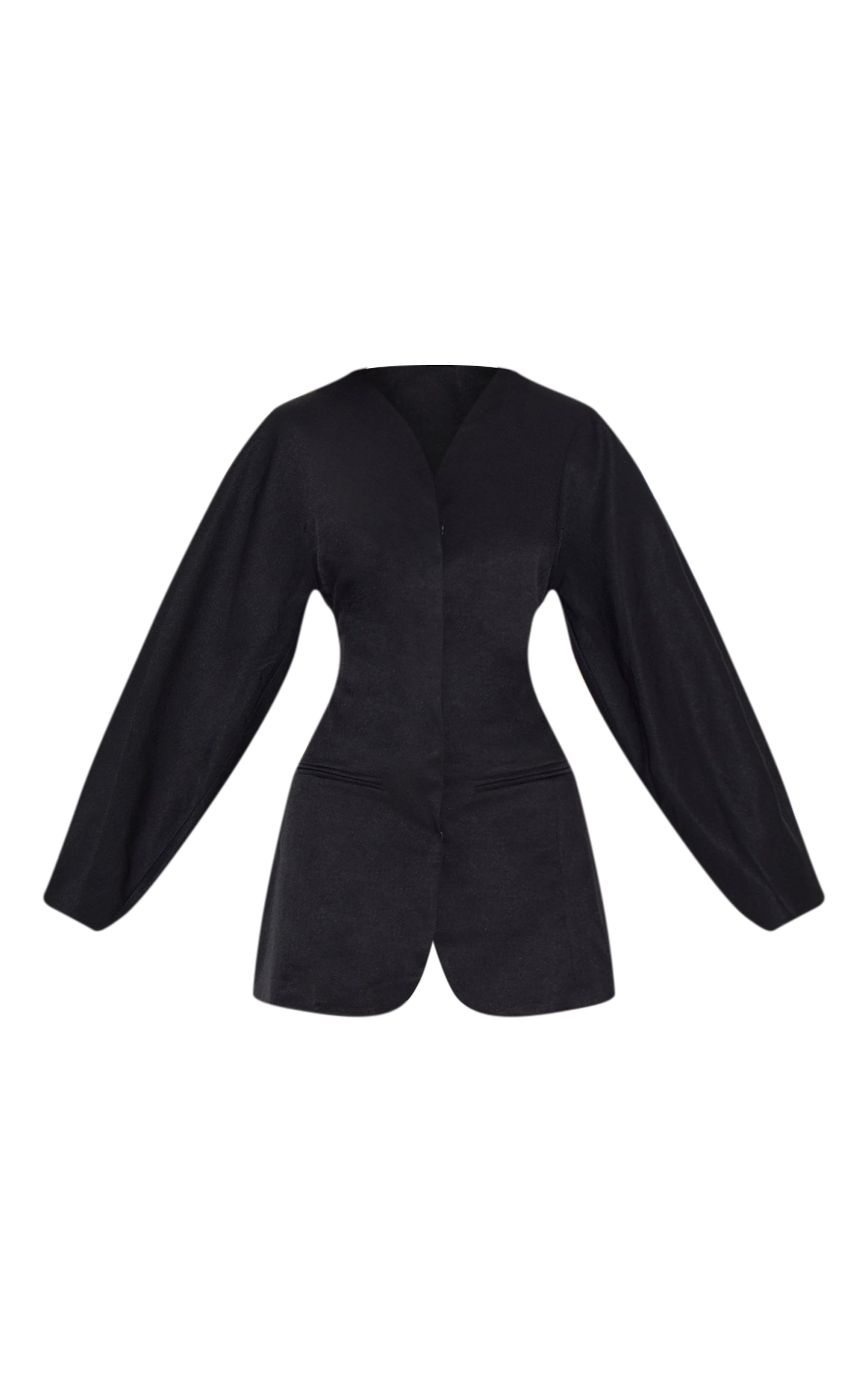 Black Woven Balloon Sleeve Collarless Blazer Dress image 5