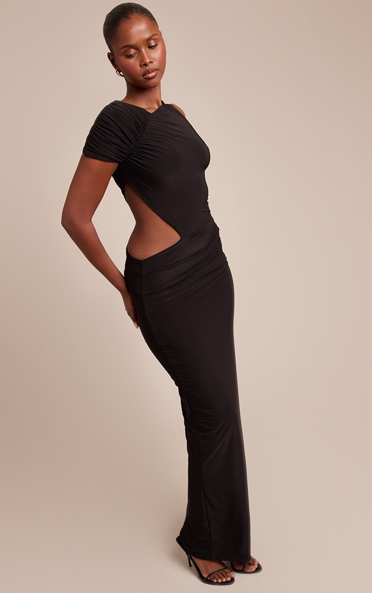 Black Slinky One Sleeve Ruched Maxi Dress image 3