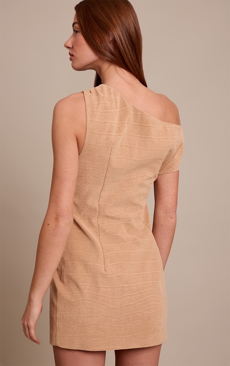 Beige Faux Suede Croc Asymmetric Mini Dress image 2