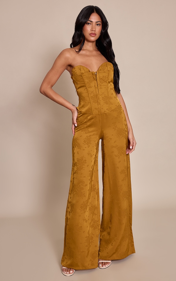 Chartreuse Satin Jacquard Bandeau Straight Leg Jumpsuit