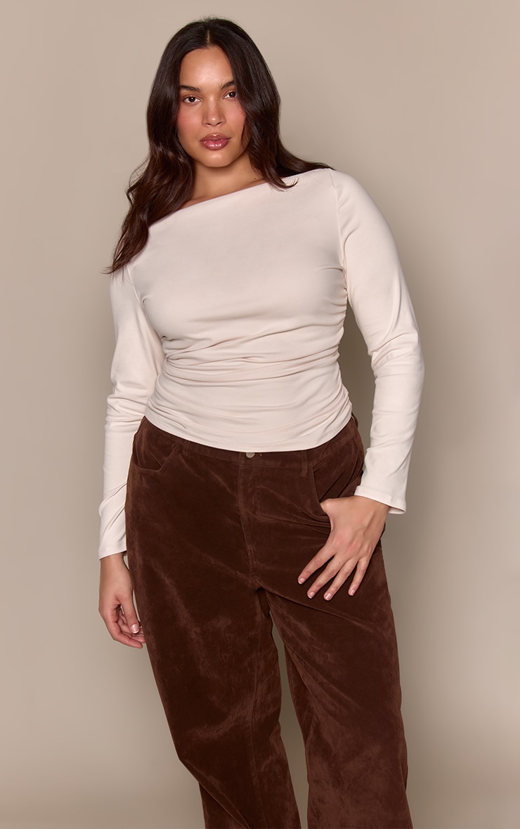 Plus Cream Soft Touch Long Sleeve Bardot Top image 1