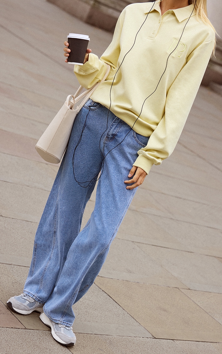 Mid Blue Wash Seam Detail Relaxed Wide Leg Jeans image 2