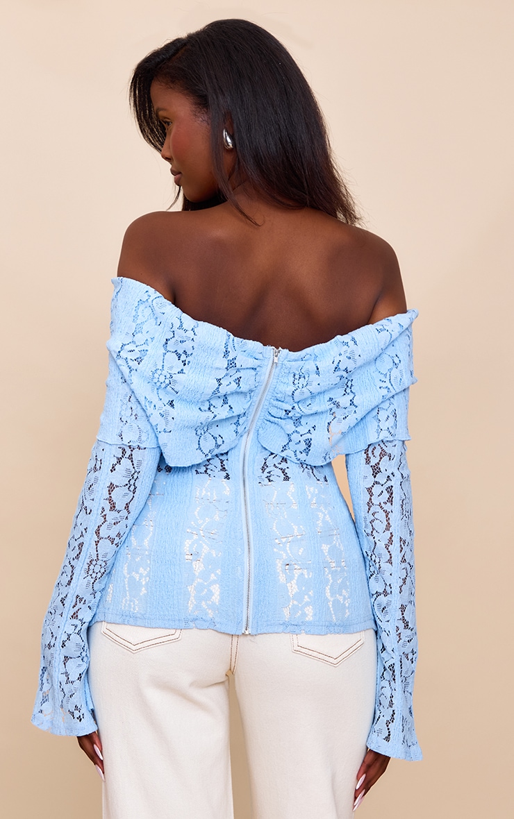 Sky Blue Fitted Lace Flared Sleeve Bardot Top image 2