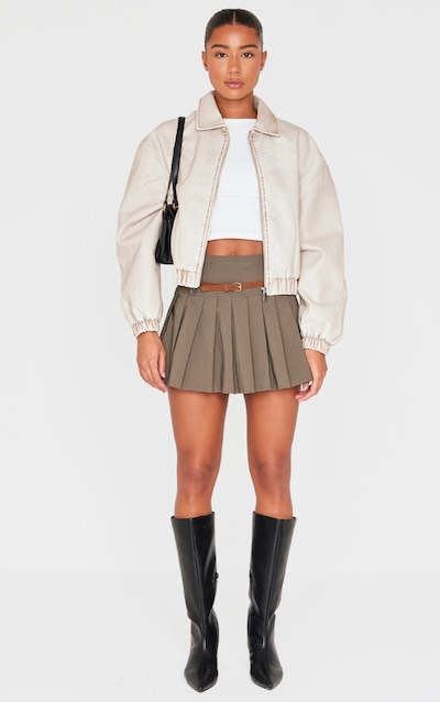 Khaki Stretch Woven Belt Detail Pleated Mini Skirt