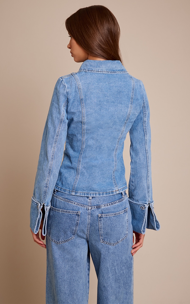 Mid Blue Wash Long Sleeve Cinch Waist Denim Shirt image 2