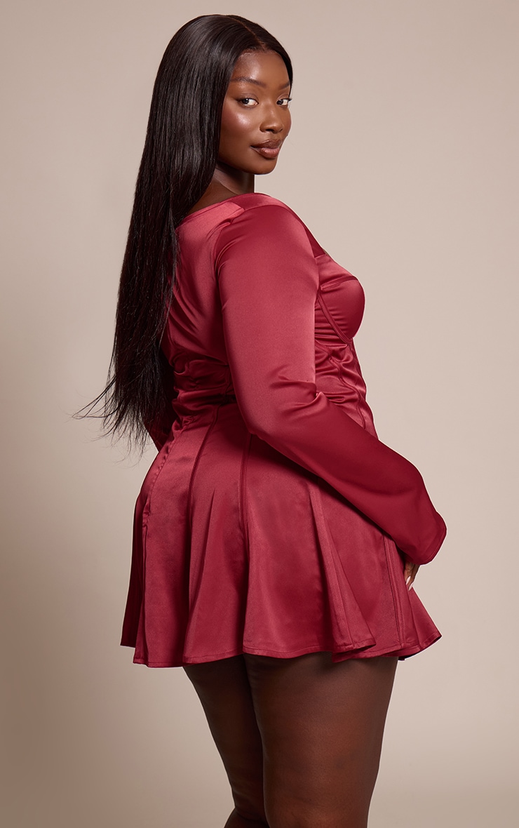 Plus Burgundy Satin Long Sleeve Mini Dress image 2