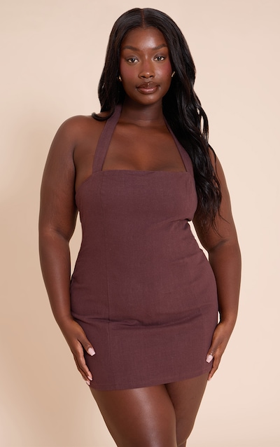 Plus Chocolate Premium Linen Halterneck Mini Dress
