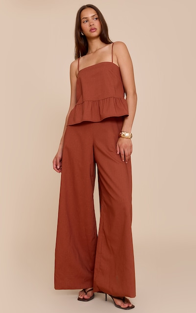 Rust Linen Blend Peplum Detail Overlay Jumpsuit