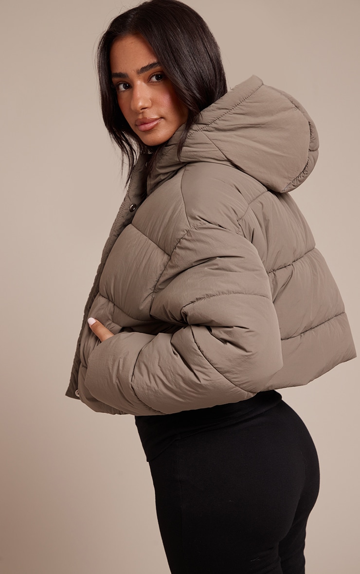 Petite Taupe Cropped Drawstring Puffer Jacket image 2