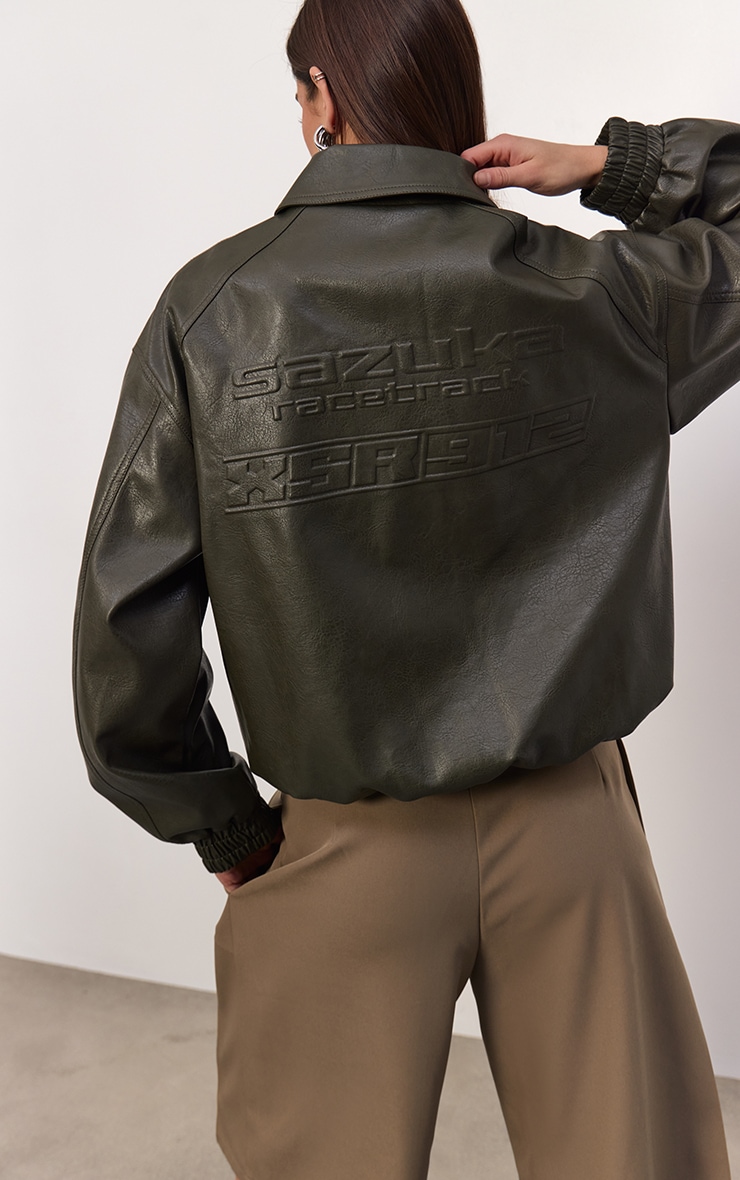 Khaki Embossed Back Faux Leather Biker Jacket image 2