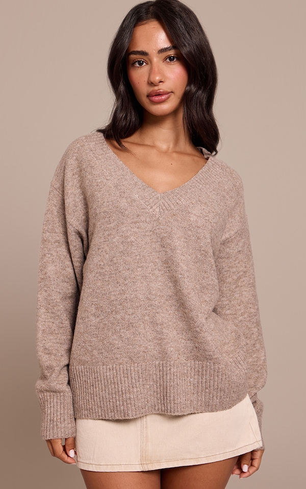 Petite Taupe Knit V-neck Sweater