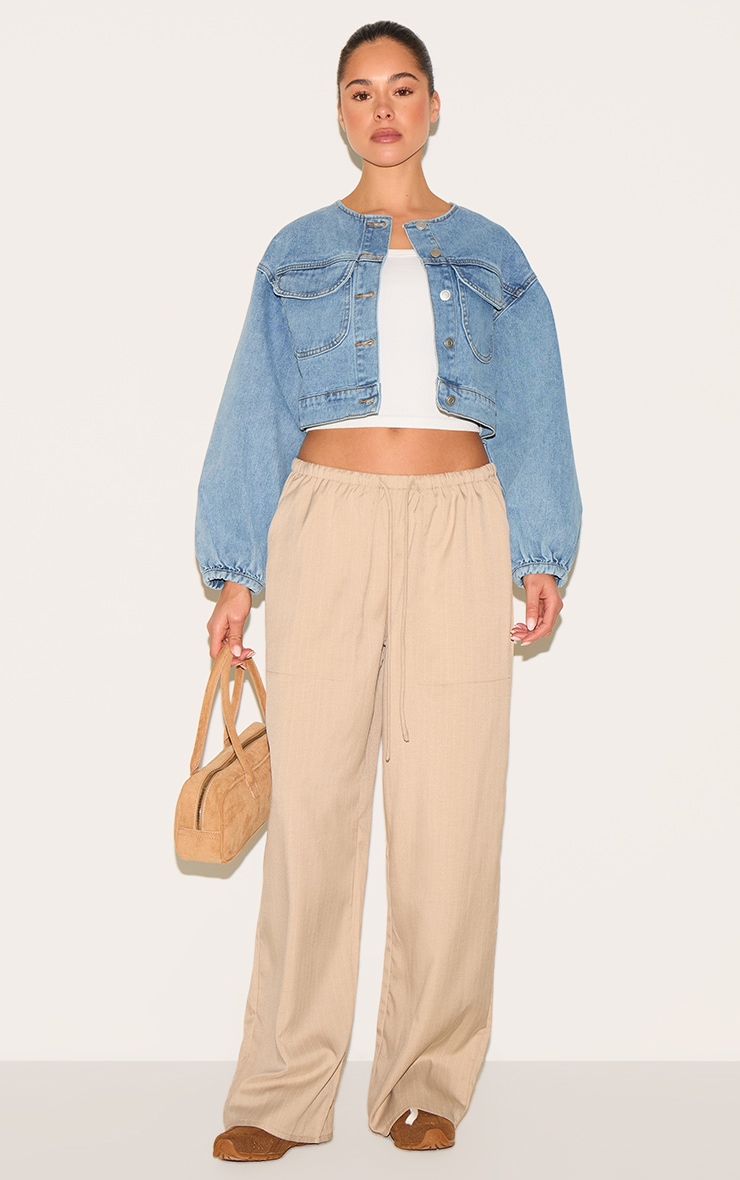Mid Blue Wash Round Neck Crop Denim Jacket image 3