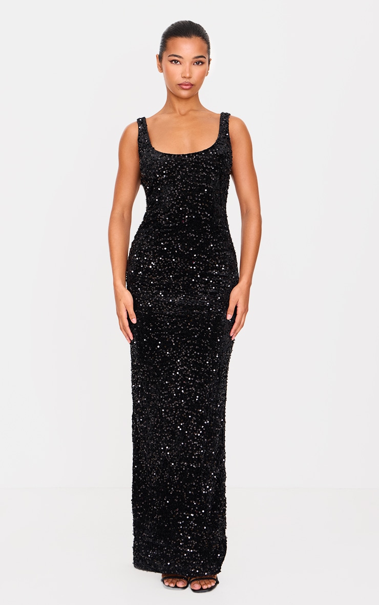 Black Velvet Sequin Embellished Scoop Back Maxi Dess image 2