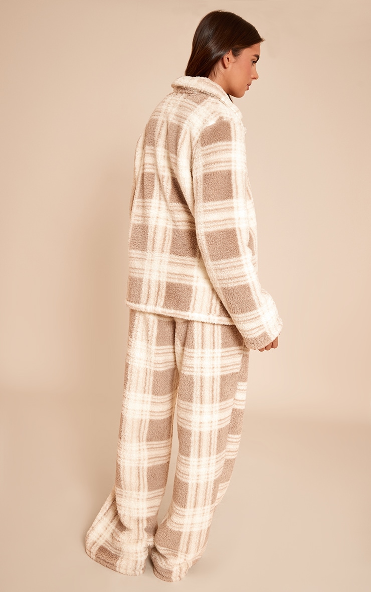 Taupe Check Button Up Fleece Pyjama Set image 2