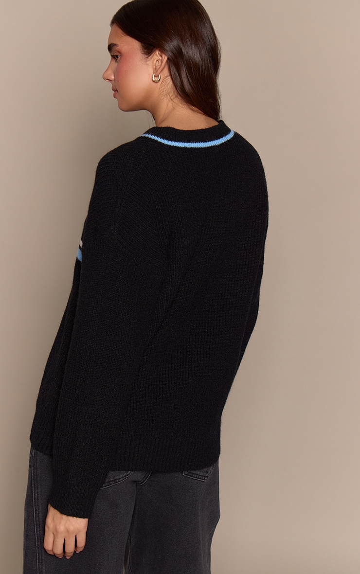 Black V Neck Stripe Sporty Jumper image 2