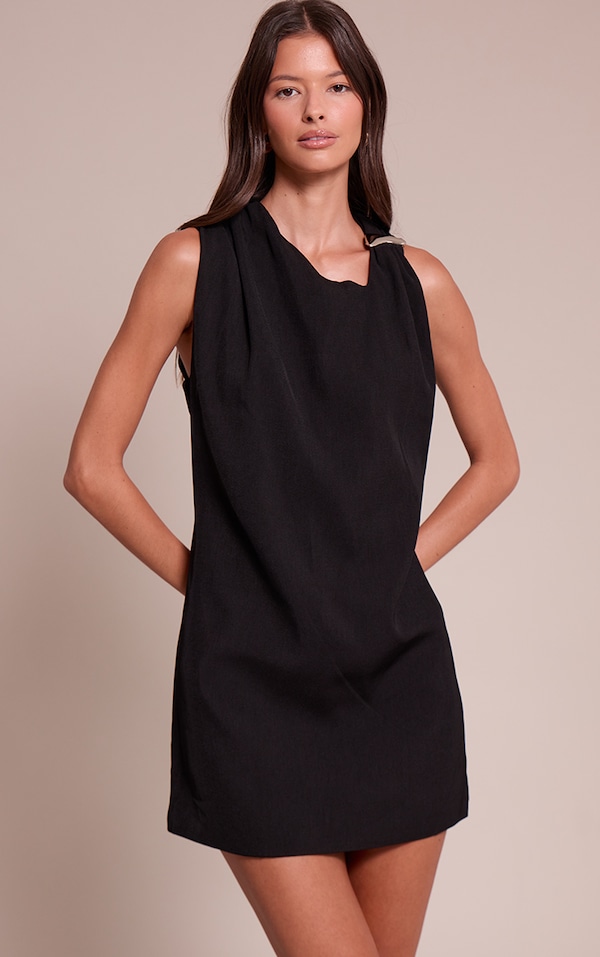 Black Woven Asymmetric Trim Detail Mini Dress