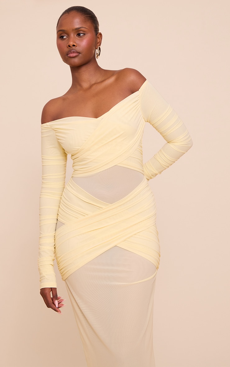 Lemon Bandage Mesh Bardot Layered Ruched Maxi Dress image 1