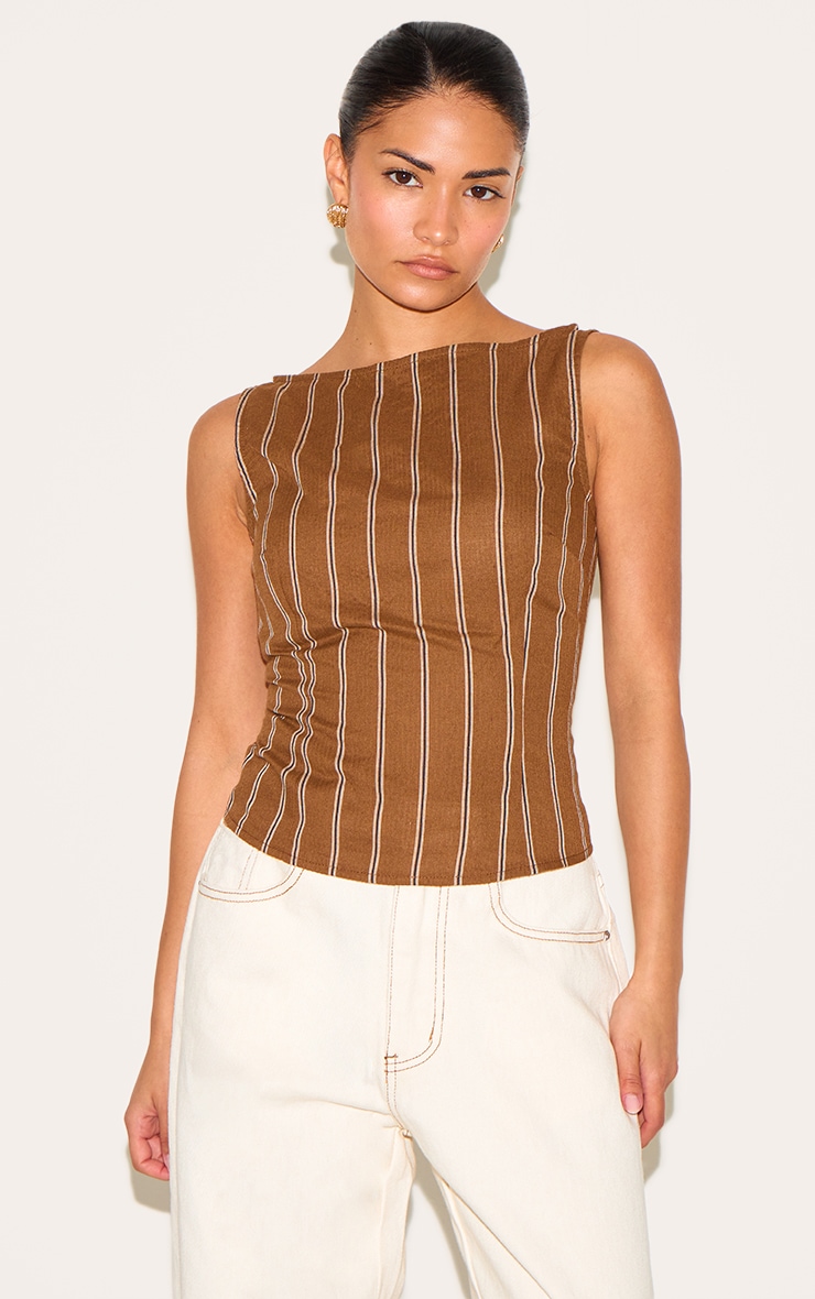 Petite Chocolate Woven Pinstripe Boatneck Top image 1