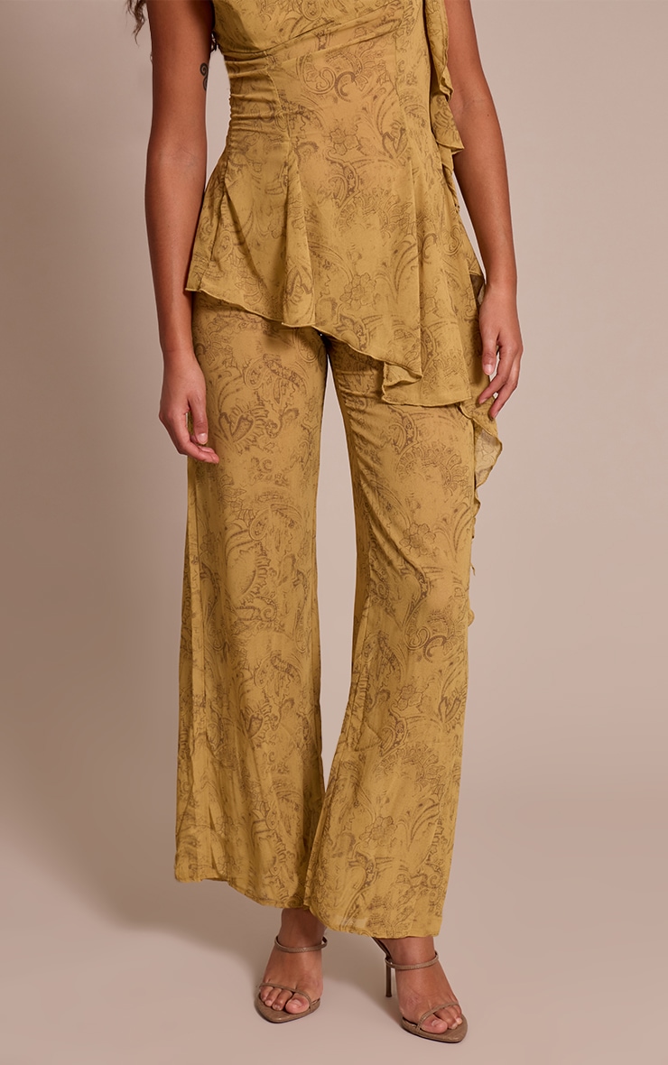 Tall Chartreuse Abstract Print Chiffon Straight Leg Pants image 2