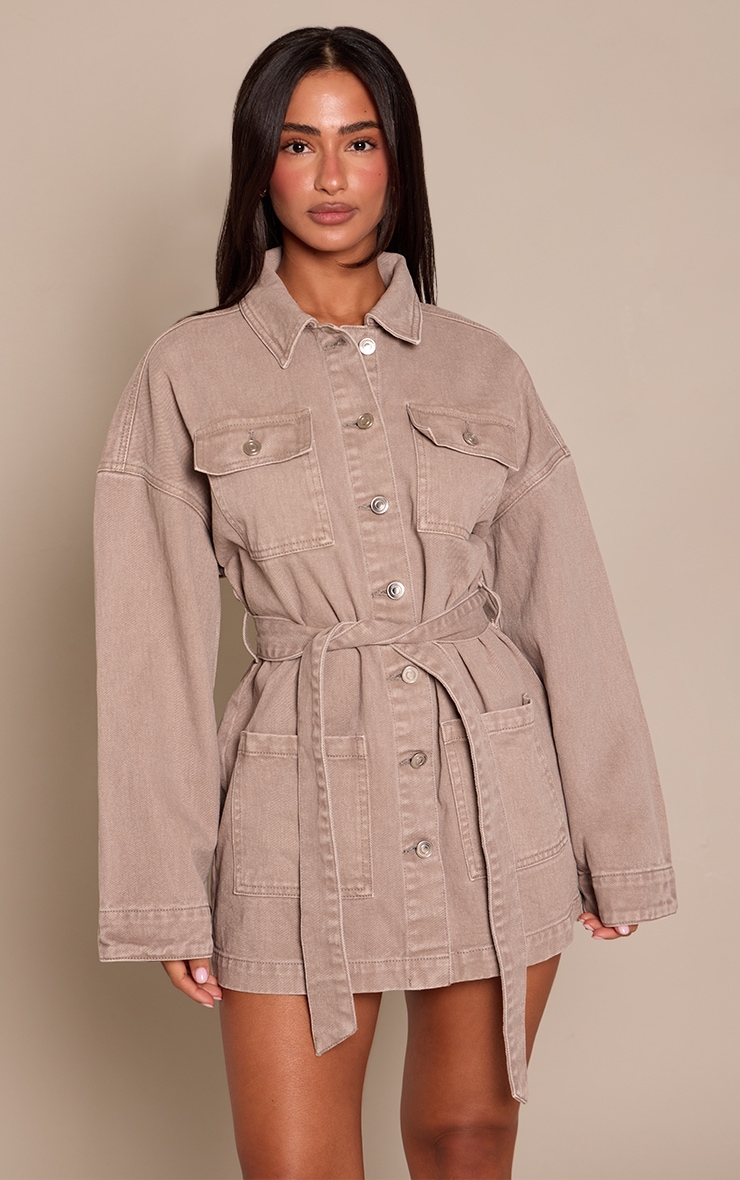 Petite Mushroom Utility Pocket Tie Waist Denim Dress image 1