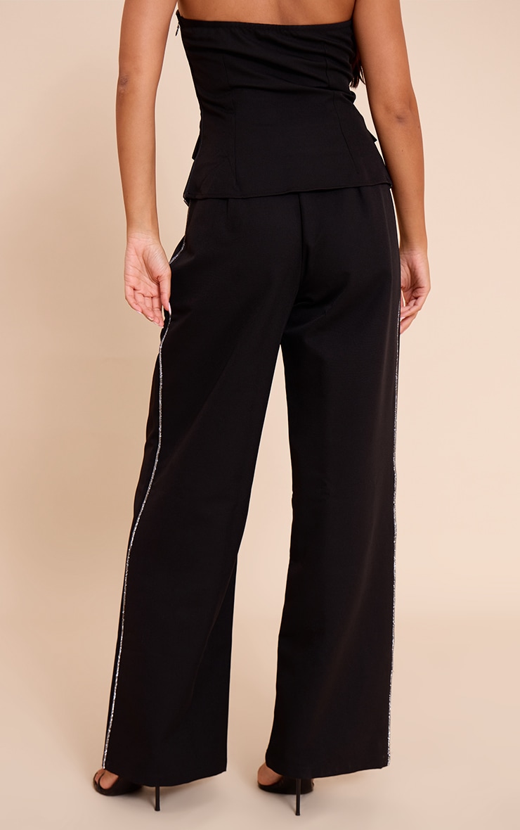 Black Woven Tailored Diamante Trim Wide Leg Pleated Pants image 3