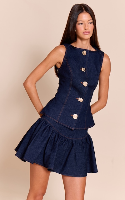 Indigo Blue Chambray Denim Gold Button Detail Top