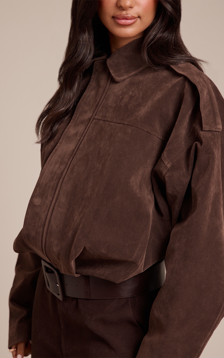 Petite Brown Faux Suede Oversized Zip Up Jacket image 4