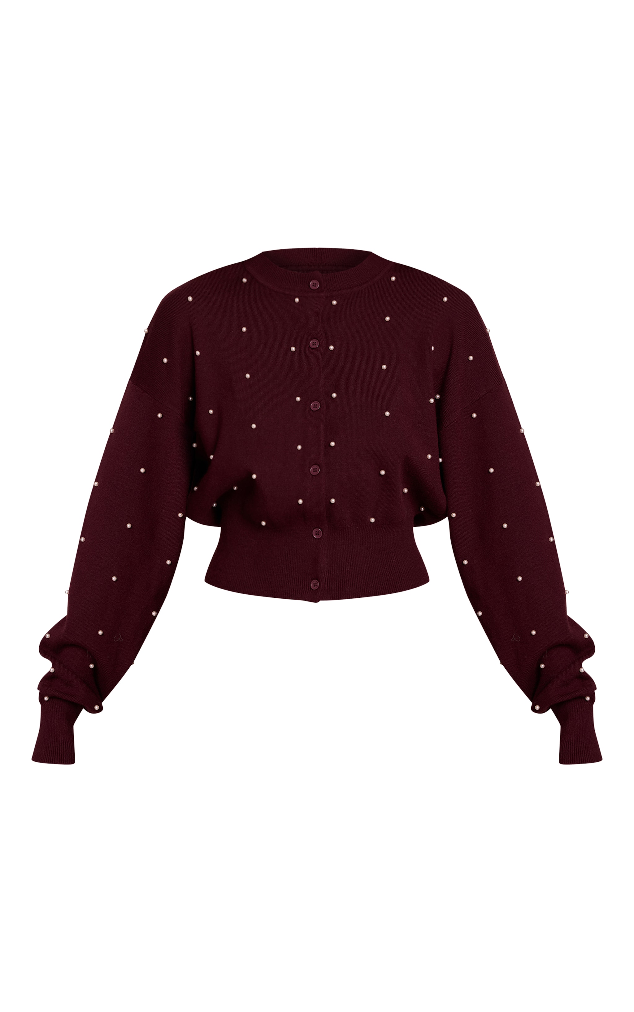Cardigan cintré en maille compacte rouge vin à empiècements perles image 5