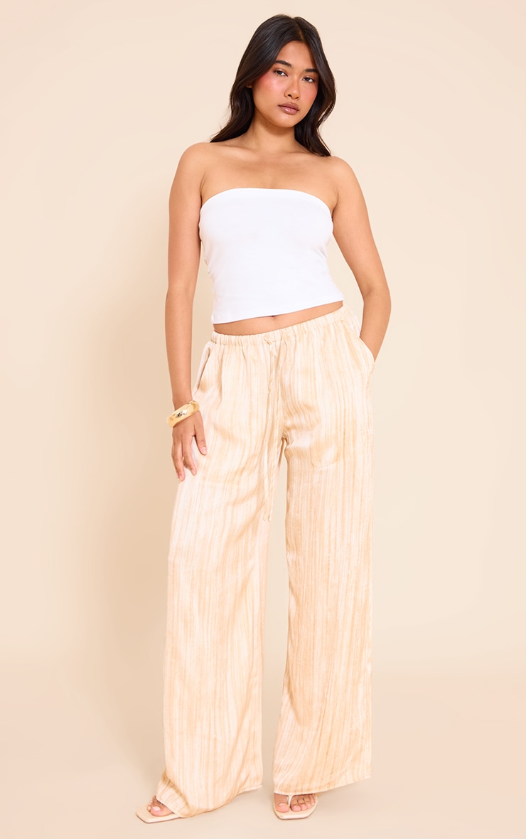 Cream Textured Woven Printed Satin Wide Leg Pants image 1