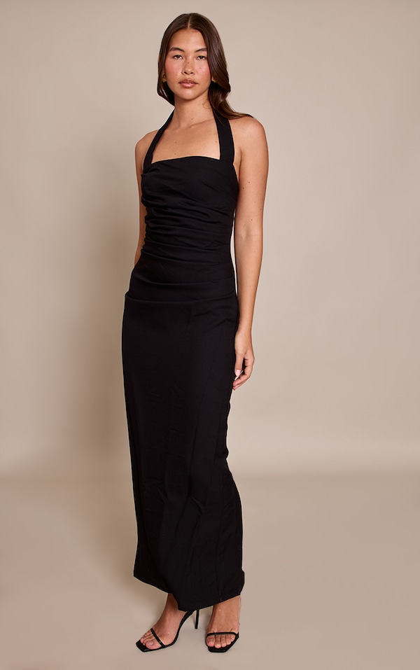 Robe longue noire froncée à dos nu
